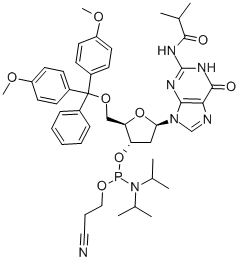 5-O-(4,4-二甲氧基三苯甲基)-N-異丁?；?2-脫氧鳥苷-3-(2-氰基乙基-N,N-二異丙基)亞磷酰胺結(jié)構(gòu)式_93183-15-4結(jié)構(gòu)式